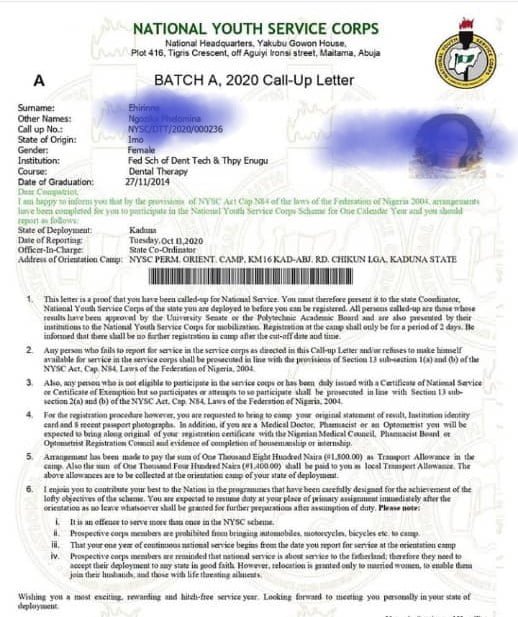 BREAKING: NYSC 2020 Batch A Stream II Call Up Letter Is Out