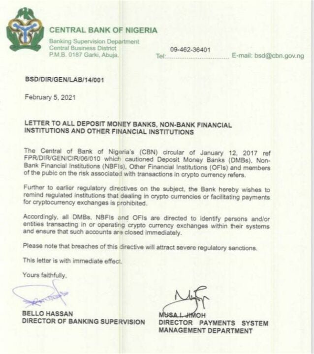 CBN Bans Bitcoin In Nigeria