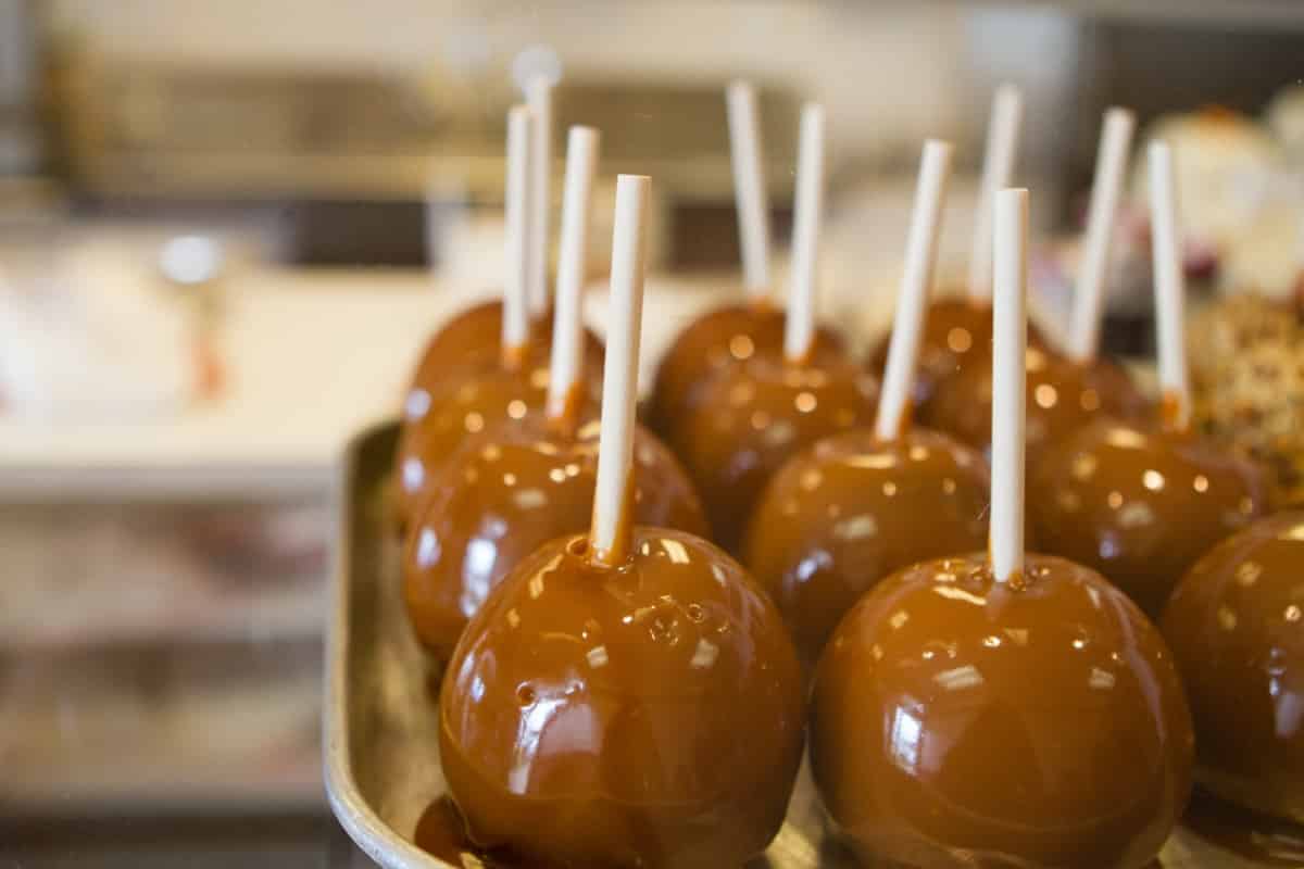 Caramel apples on tray