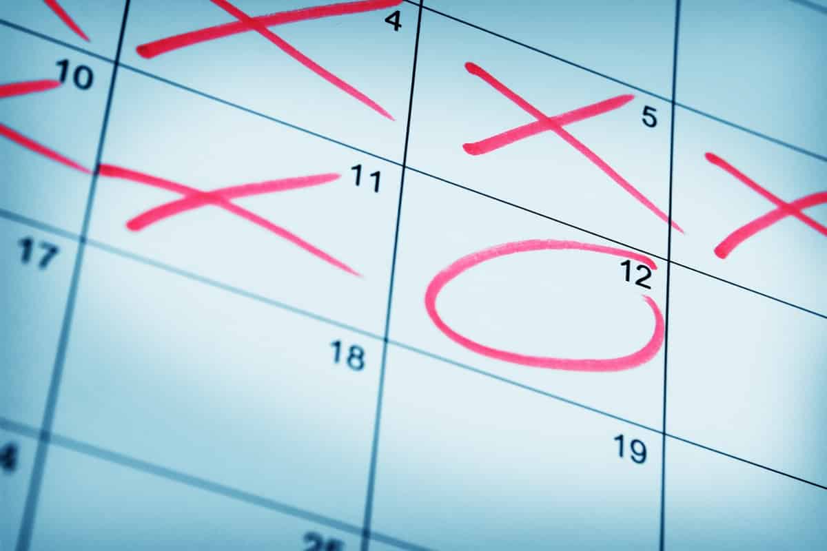 Calendar with dates crossed out and circled