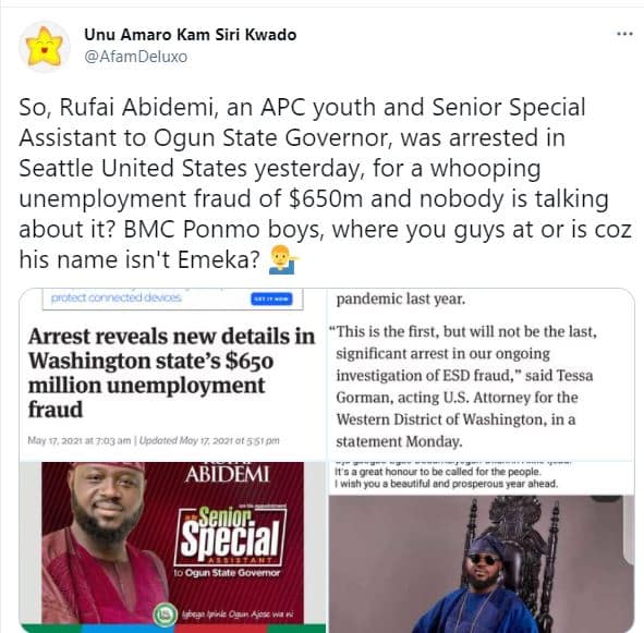 BREAKING: SSA To Ogun State Governor Arrested In US Over Wire Fraud