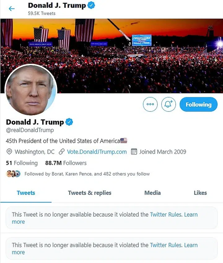 Twitter shares fell after the site temporarily banned President Donald Trump for his dangerous rhetoric when a mob of MAGA fans stormed the US Capitol at his behest. The 89 million followers on Trump's main Twitter account, @realDonaldTrump, represent nearly 48 percent of the company's total base of monetizable daily active users