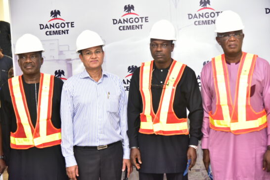 Minster of State for Environment, Dr. Iziaq Salako (2nd right); Dangote Cement Ibese Plant Director, Azad Nawabuddin (2nd left); Dangote Senior General manager Special Duty Projects, Abdullaziz Kolo (left); Ogun state Commissioner for Environment, Ola Oresanya (right) during the visit of Minister of State for Environment to Dangote Cement Ibese plant Ogun state 