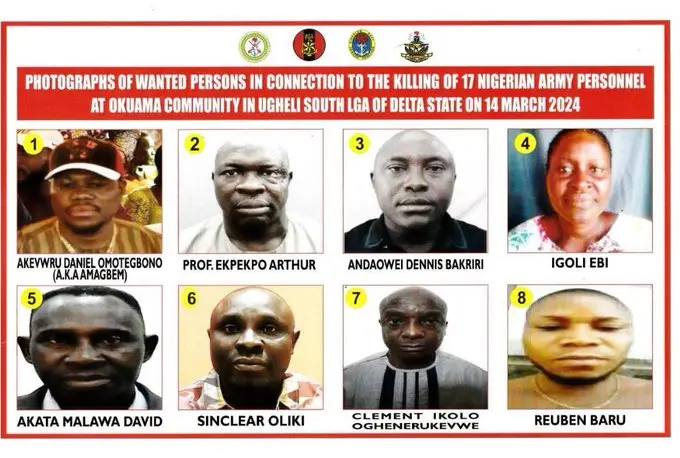 FULL LIST: Nigerian Army Declares 8 Wanted Over Killing of 17 Soldiers in Okuama