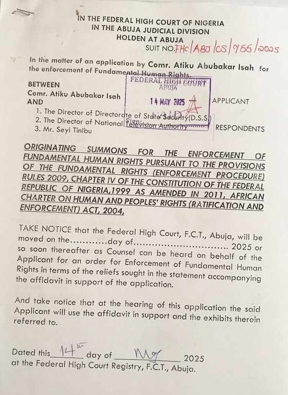 NANS President Atiku Isah Sues Seyi Tinubu, DSS, NTA, Demands N38.3bn in Damages