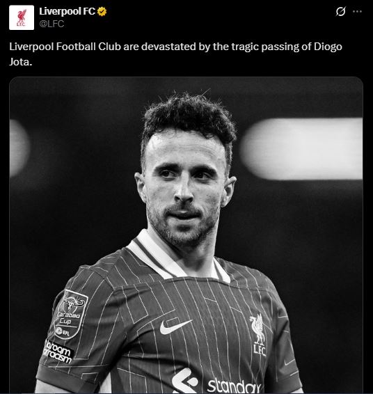 BREAKING: 28-Year-Old Liverpool Forward Diogo Jota is Dead, Cause of Death