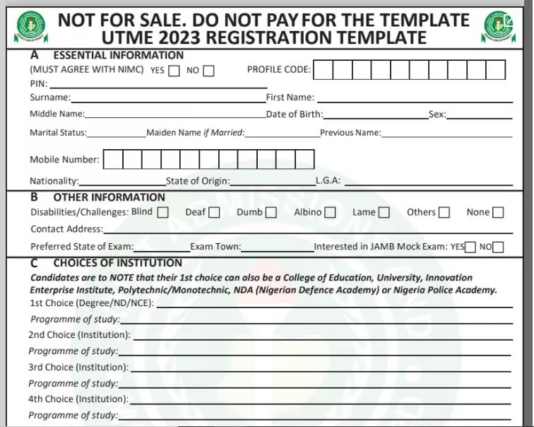 JAMB UTME Registration Template 2023– Download For Free And Print